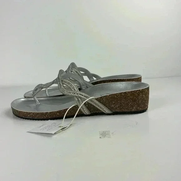 SILVER SANDALS A.GIANNETTI MADE IN ITALY SZ 9 NWT CORK SOLE THONG W/ RHINESTONE - Picture 4 of 8